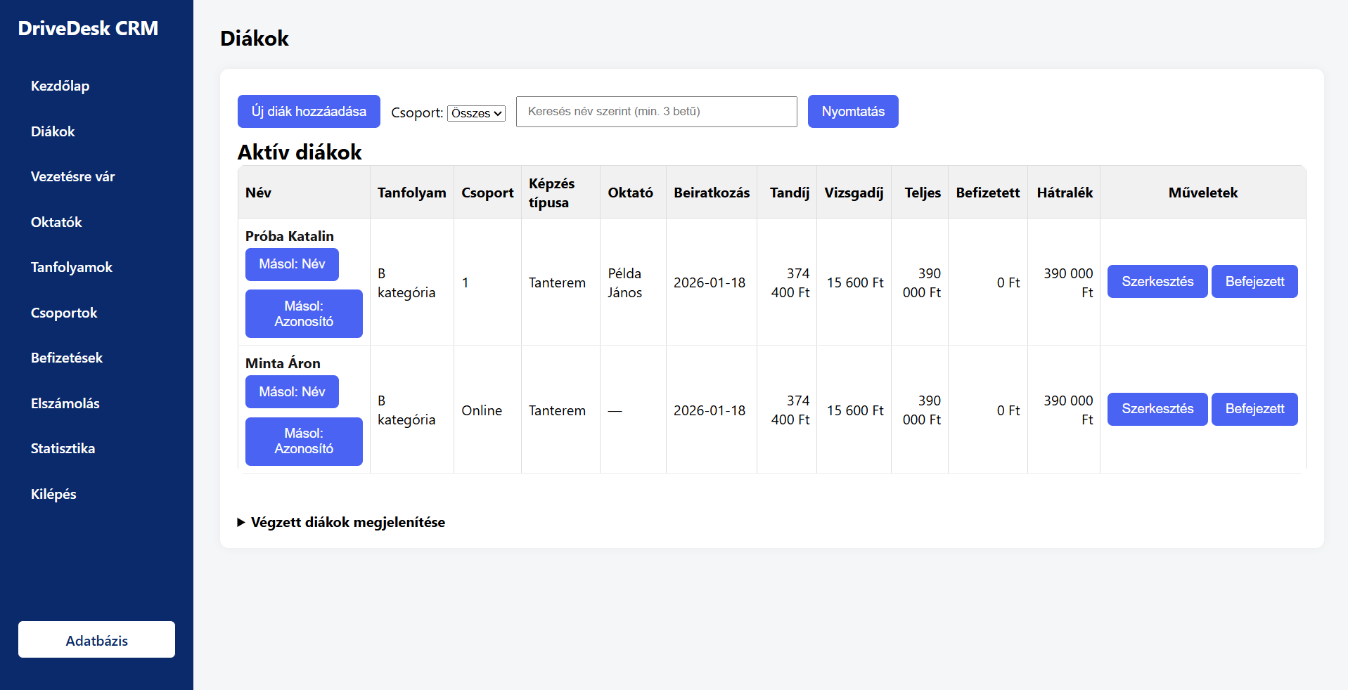 DriveDesk – tanulók / lista nézet